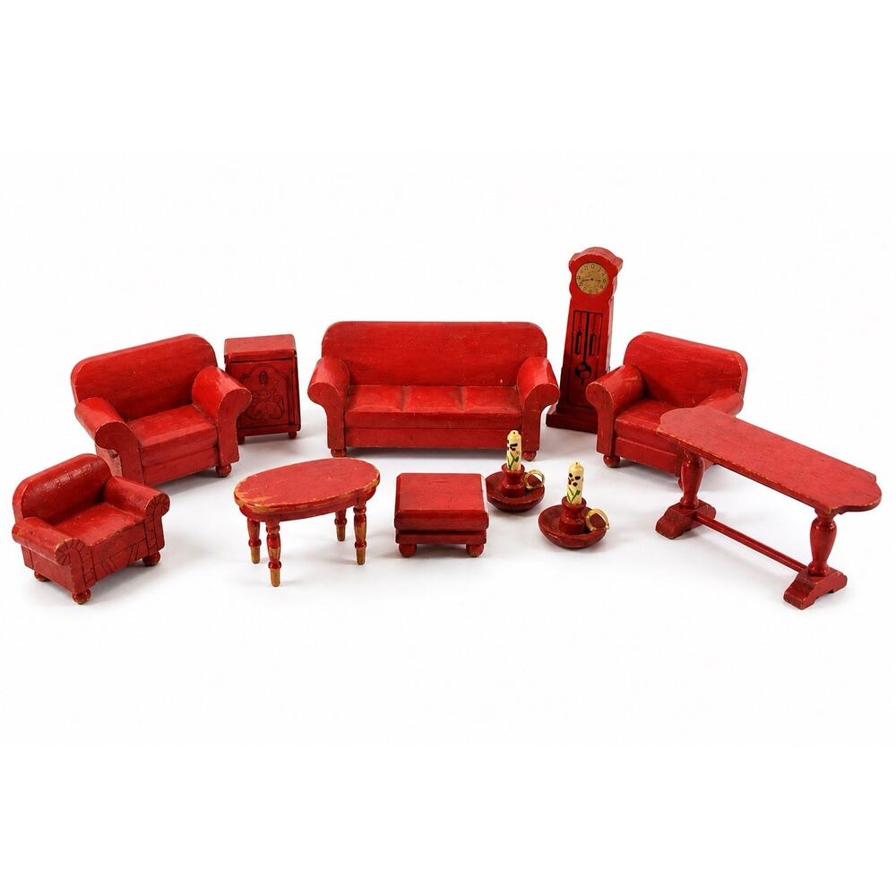 Strombecker Wooden Dollhouse Furniture Lot 11 Pc Red 1930s Couch Chairs Clock